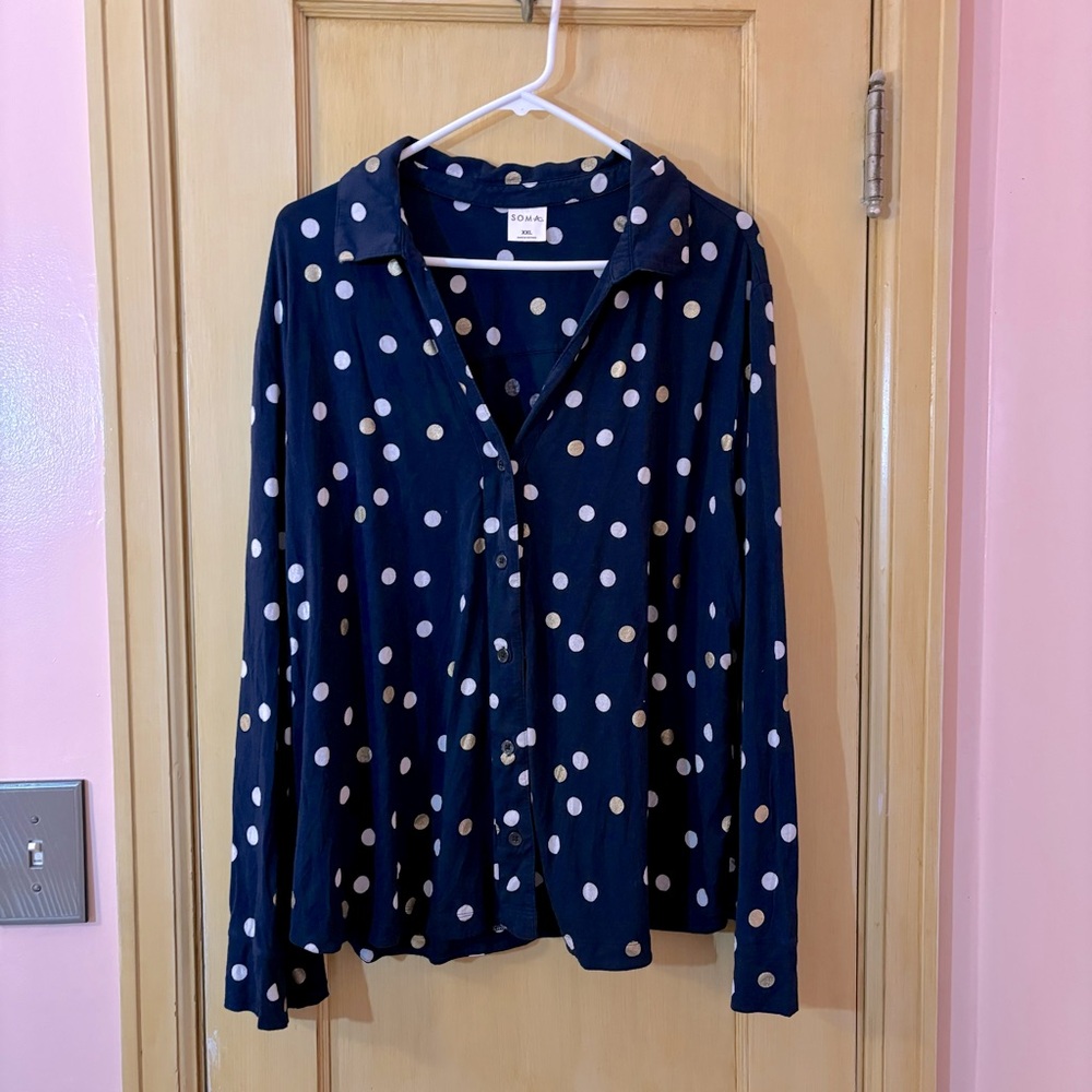 Soma Embraceable Long-Sleeve Notch Collar Pajama Shirt Navy Polka Dot XXL
